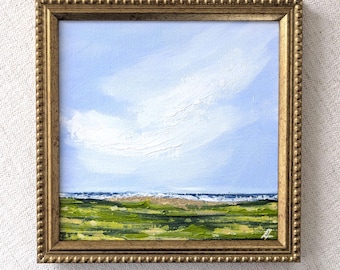 Small Original Landscape Painting on Canvas Panel, Framed Lake View Artwork 8x8