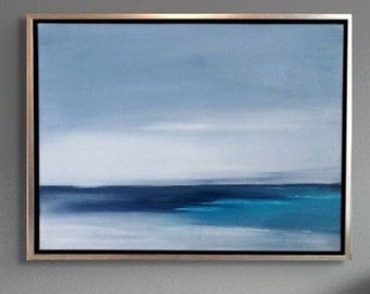 Ocean Landscape, Original Beach Painting on Canvas, Hand Painted Modern Coastal Art, Abstract Seascape, 25.75x19.75 Framed Wall Decor