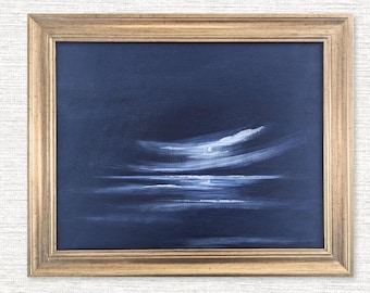 Framed Moonlight Seascape Painting: Original Coastal Art Hand Painted on Canvas Panel (11x14)