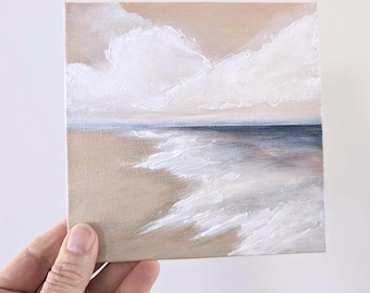 Small Original Seascape Painting: Impasto Coastal Wall Art with Clouds 6"x6"