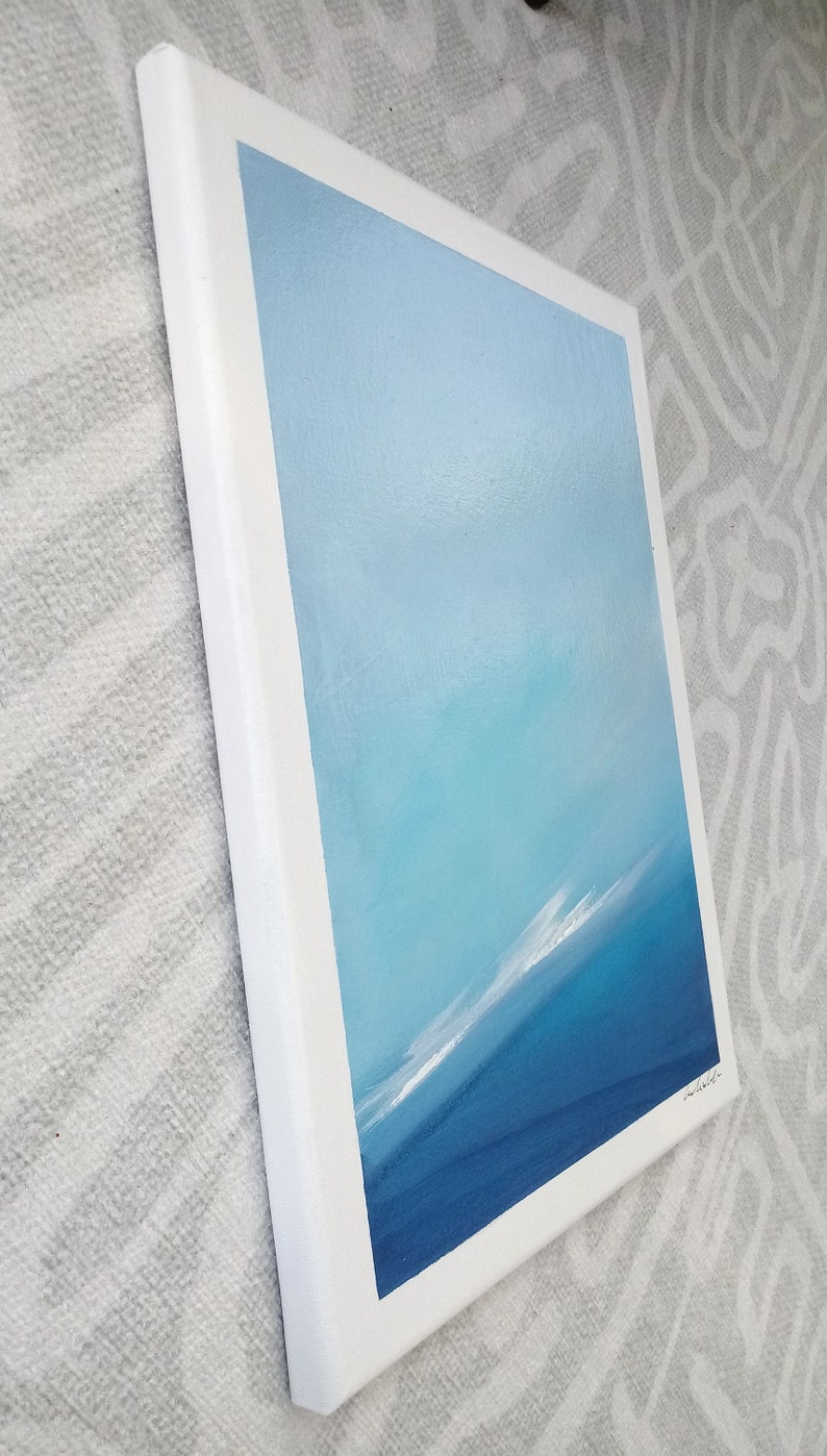Small Ocean Painting on Canvas, Original Abstract Seascape, Minimalist Wall Art, Beach Landscape, Wave Painting Blue Wall Decor 14x11 image 6
