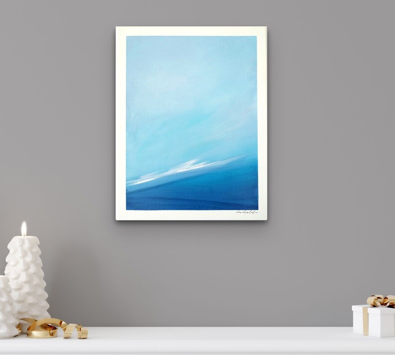 Small Ocean Painting on Canvas, Original Abstract Seascape, Minimalist Wall Art, Beach Landscape, Wave Painting Blue Wall Decor 14x11 image 2