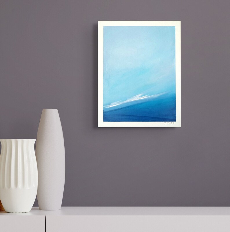 Small Ocean Painting on Canvas, Original Abstract Seascape, Minimalist Wall Art, Beach Landscape, Wave Painting Blue Wall Decor 14x11 image 4