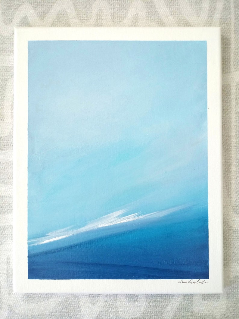 Small Ocean Painting on Canvas, Original Abstract Seascape, Minimalist Wall Art, Beach Landscape, Wave Painting Blue Wall Decor 14x11 image 5