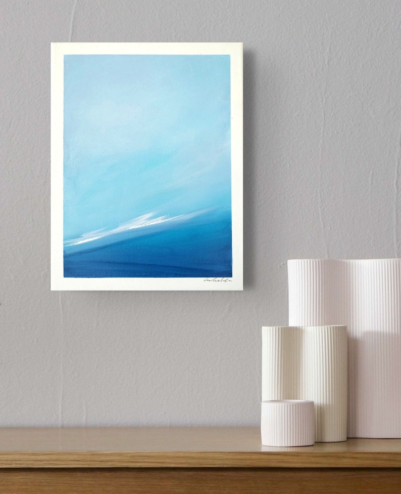 Small Ocean Painting on Canvas, Original Abstract Seascape, Minimalist Wall Art, Beach Landscape, Wave Painting Blue Wall Decor 14x11 image 1