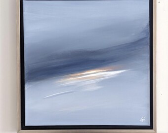 Framed Abstract Ocean Painting: Original Minimalist Sunrise, Coastal Wall Art 16x16