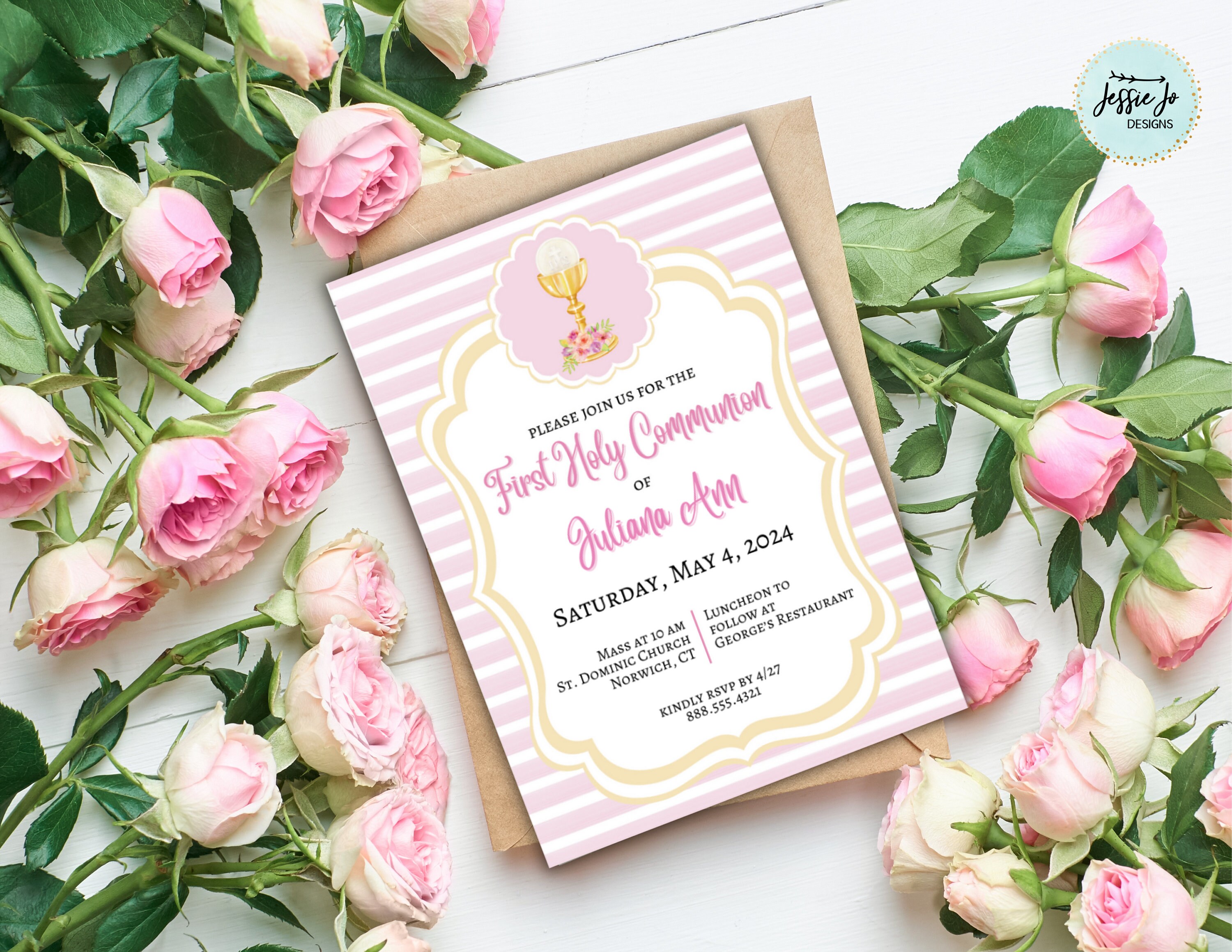 First Communion Invitation Editable Template - Pink and Gold ...