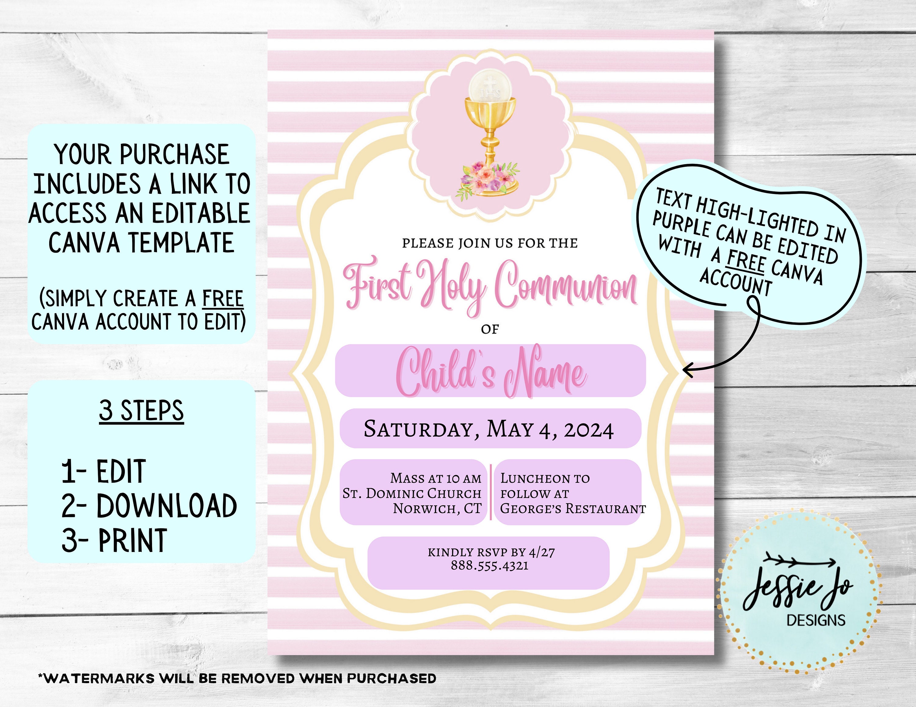First Communion Invitation Editable Template - Pink and Gold ...