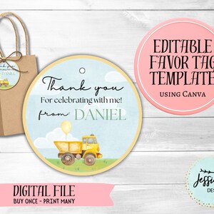 Dump Truck Birthday Favor Tags Editable Template - Canva Template