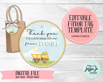 Dump Truck Birthday Favor Tags Editable Template - Canva Template