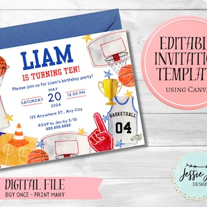 Basketball Birthday Invitation Editable Template - Canva Template