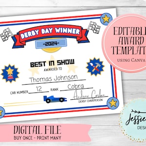 Derby Day Winner - Car Race Certificate - Editable Award Template - Canva Template