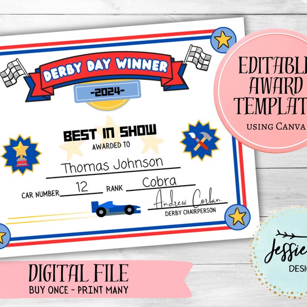 Derby Day Winner - Car Race Certificate - Editable Award Template - Canva Template