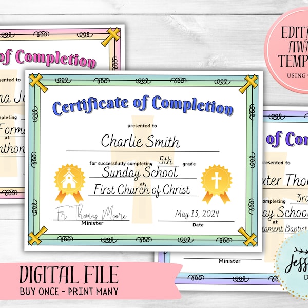 Sunday School Award Certificate - Christian Certificate - Editable Award Template - Canva Template