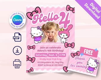 Editable Pink Hello Cute Kitty Cat Digital Download Birthday Invitation