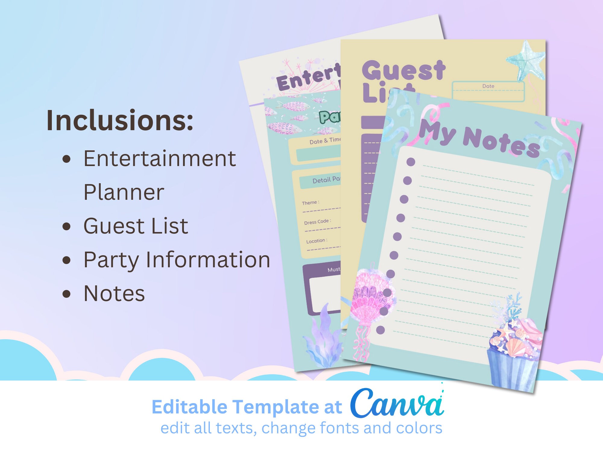 Editable Template Pink and Blue Underwater Sea Mermaid Birthday Planner ...