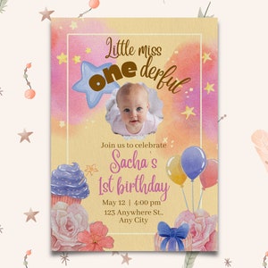 Editable Template Download Yellow and Pink Watercolor First Birthday Invitation