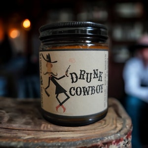 Drunk Cowboy - Campfire Candles - Soy Wax - Wood Wick - Amber Glass Jar - Whiskey - Vanilla