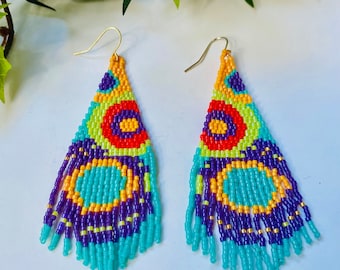 abstract earrings, rainbow earrings, seed bead earrings, art deco earrings, fringe earrings, boho earrings, fringe earrings