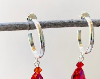 crystal earrings, hoop earrings, handmade earrings, red crystal earrings, crystal jewelry, handmade jewelry