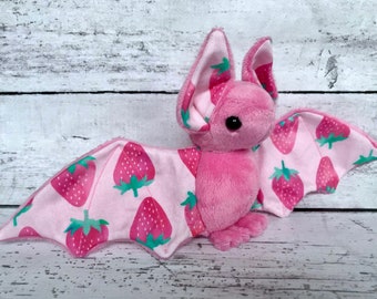 READY TO SHIP - Baby Pink Strawberry Fruit Bat - Stuffed Animal Cute Plush Bat Plushie