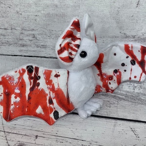 READY TO SHIP - White Spooky Blood Spatter Halloween Vampire Bat - Stuffed Cute Animal Plush Bat Plushie
