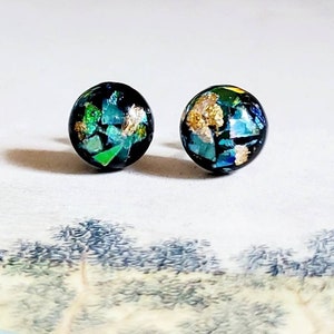 Metal Free Black and Gold Flake Stud Earrings, Opalescent statement stud earrings, plastic posts sensitive ears, Hypoallergenic, 8mm studs