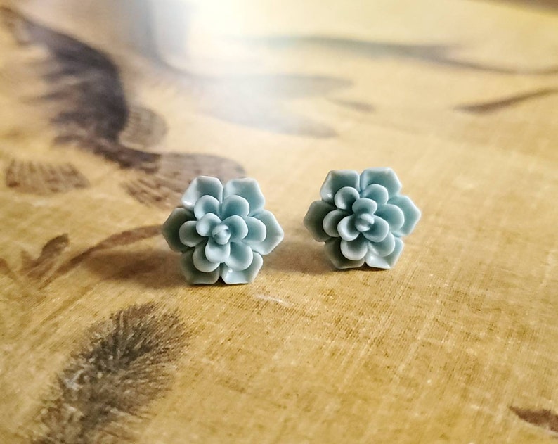 Mint Green color statement stud earrings Boho earrings, Metal Free Succulent Stud Earrings plastic posts Hypoallergenic stud earrings