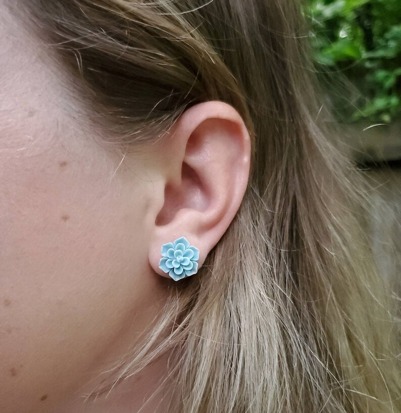 Mint Green color statement stud earrings Boho earrings, Metal Free Succulent Stud Earrings plastic posts Hypoallergenic stud earrings