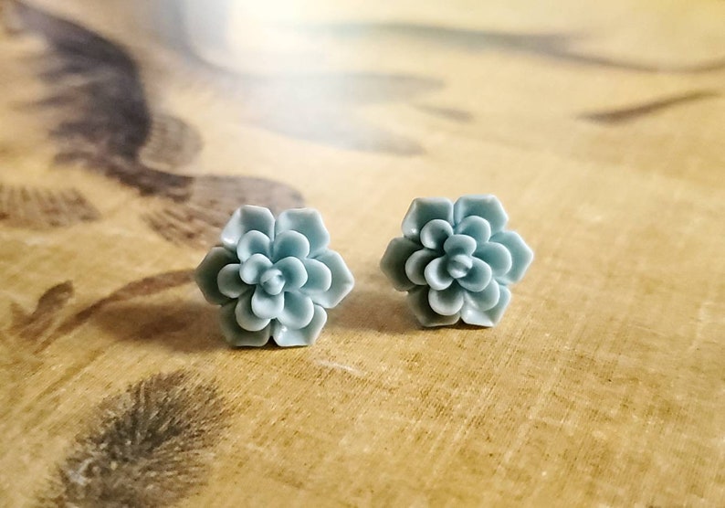 Mint Green color statement stud earrings Boho earrings, Metal Free Succulent Stud Earrings plastic posts Hypoallergenic stud earrings