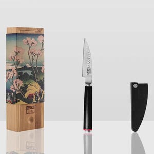 Può includere: Un coltello da cucina in acciaio inossidabile con manico nero e ghiera argentata, posizionato accanto a una scatola in legno con una stampa di paesaggio giapponese con ciliegi e il Monte Fuji, e un fodero protettivo nero per la lama.