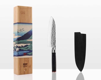 Couteau de chef santoku lame 180 mm | Lame japonaise forgée à la main | Acier inoxydable | Pleine soie cachée | Poignée bois