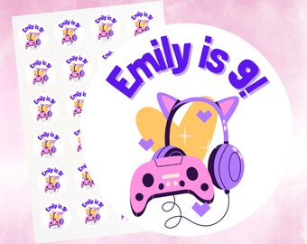 Personalised children's party bag stickers, thank you stickers, kids party stickers, custom stickers, cute gamer girl theme