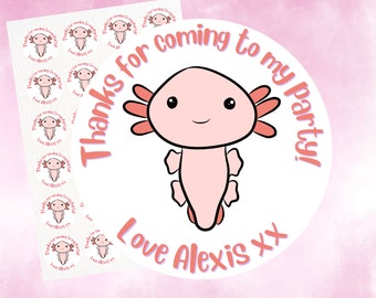 Personalised children's party bag stickers, thank you stickers, kids party stickers, custom stickers, pink kawaii axolotl theme