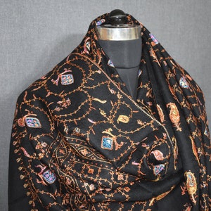 black authentic kashmir pashmina hand embroidered designer shawl made in kashmir india,cashmere handmade shawl 40x80 inch