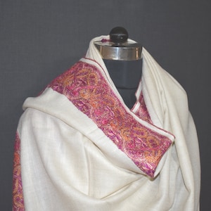 Handmade Kashmir Pashmina Shawl: White Sozni Embroidered Cashmere Wrap (40x80 inch)