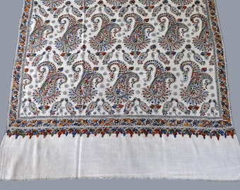 Kashmiri Pashmina hand embroidered IVORY Paisley shawl 40x80 inch BADAMDAR