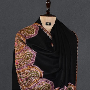 Kashmiri pashmina hand embroidered BLACK Palla shawl GUZARISH 40x80 inch