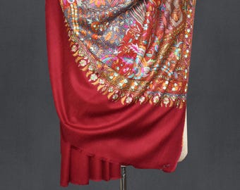 Handmade Kashmir Pashmina Shawl: Maroon Floral Embroidered Cashmere