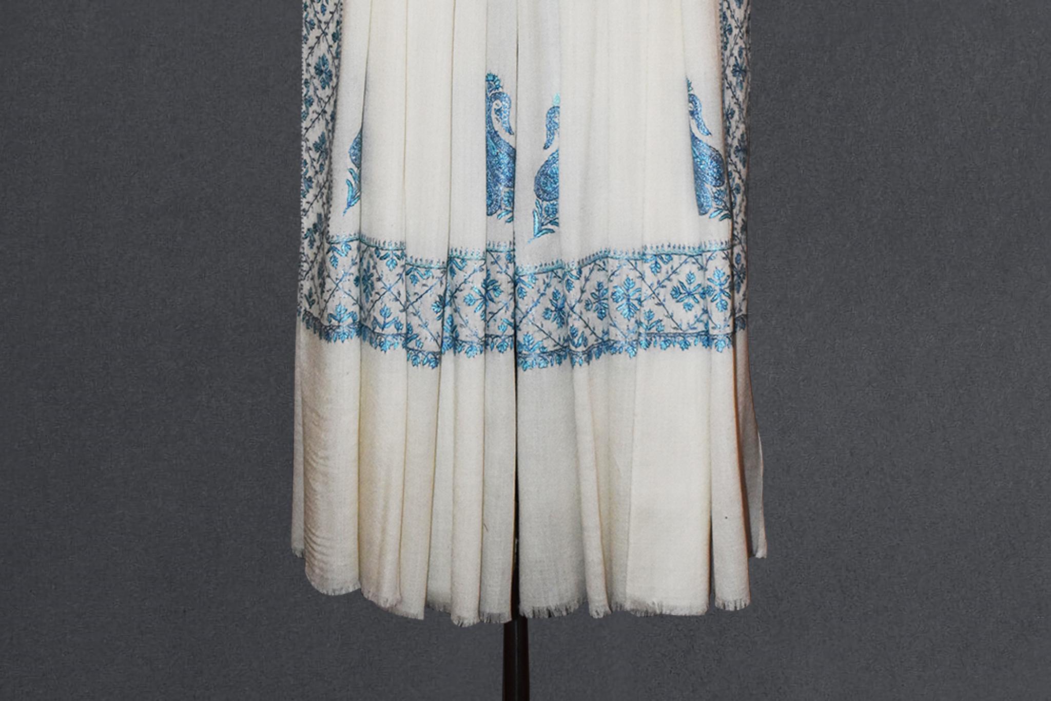 Hand Embroidered Fine Wool Shawl: Kashmir Sozni Needlework 40x80 Inch
