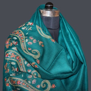 Chal de pashmina de Cachemira bordado: bordado Sozni verde