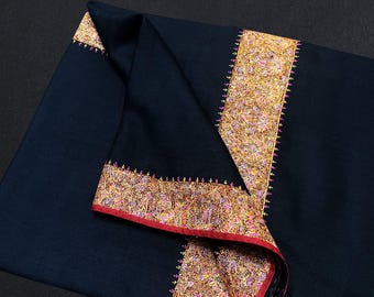 kashmiri hand embroidered trim black shawl fine wool 40x80 inch