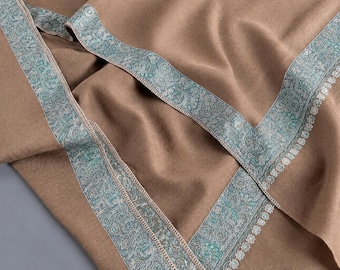 Pashmina Shawl: Hand-Embroidered Cashmere beige women shawl, 40"x80" SAHARA