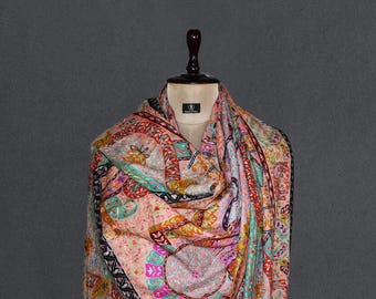 Kashmiri Pashmina Shawl: Hand Embroidered Kalamkari, Floral Art (45x90 Inch)