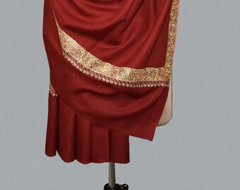 Hand Embroidered Maroon Kashmir Pashmina Shawl: Authentic Sozni Wool 40x80 inch