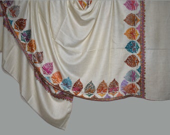 kashmiri pashmina handgeborduurde witte sjaal GUL 40x80 inch