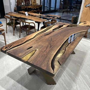 Custom Walnut Epoxy Desk, Resin River Dining Table,Walnut Live Edge Farmhouse Table,Epoxy Table