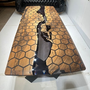 Custom Hexagon Epoxy Resin River Table ,Black Resin Walnut Conferance Table, Custom Unque Table, Wooden Dinning Table
