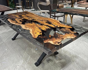 Custom Clear Epoxy Table,  Live Edge Epoxy Dining Table, Hackberry Wood Dining Table,Epoxy River Table