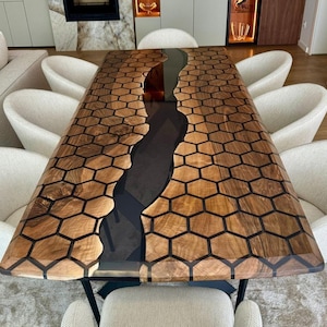 Custom Hexagon Resin Dining Table,Black Epoxy Wooden Meeting Table, Walnut Farmhouse Table